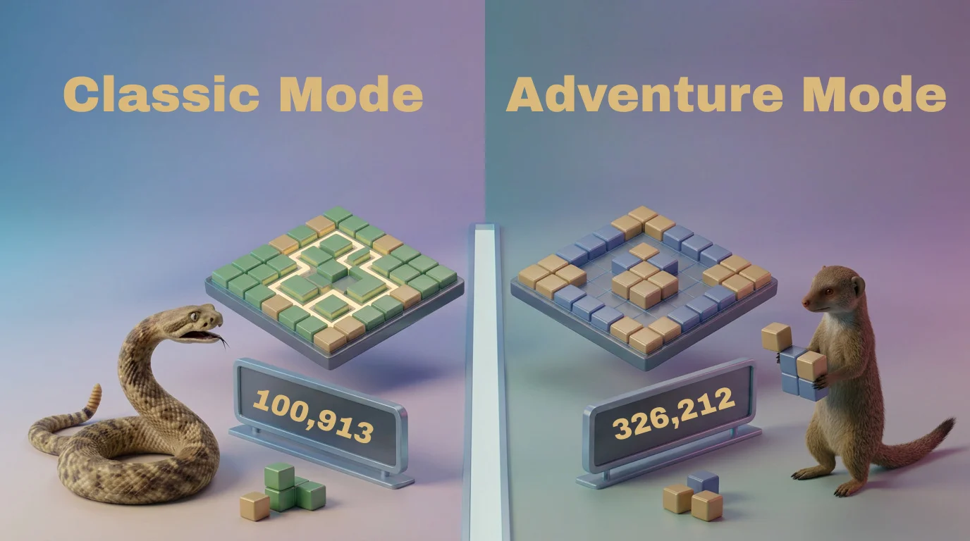 Block Blast Classic Mode and Adventure Mode boards shown side by side