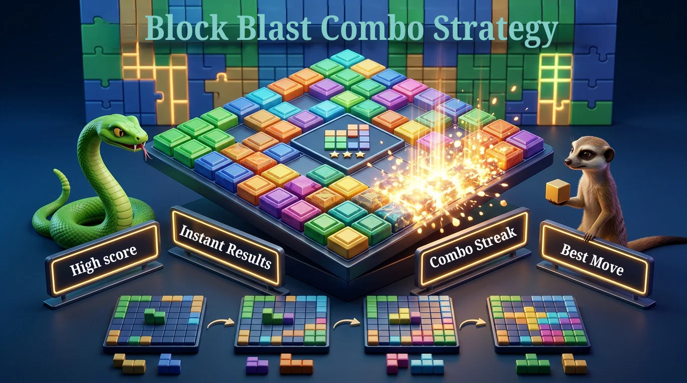 Block Blast combo strategy shown on a board, with a line clear building a combo streak step by step