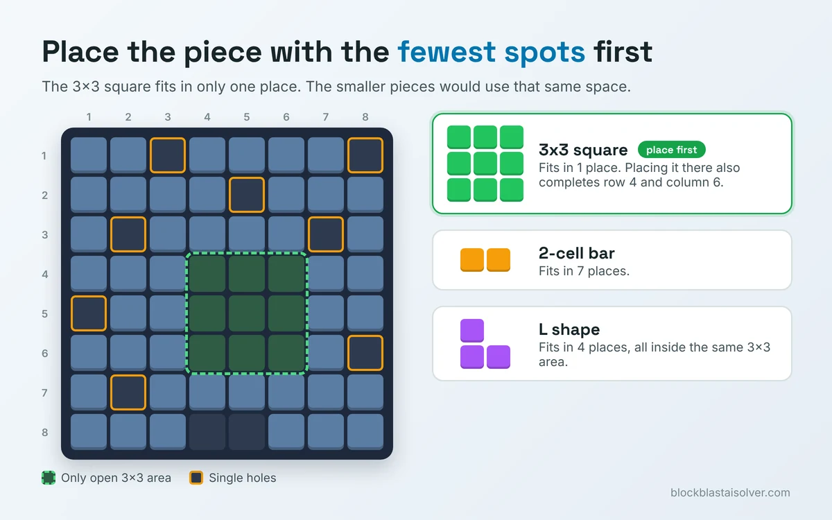 Block Blast board where the 3x3 square fits in only one place, so it is placed before a 2-cell bar and an L shape