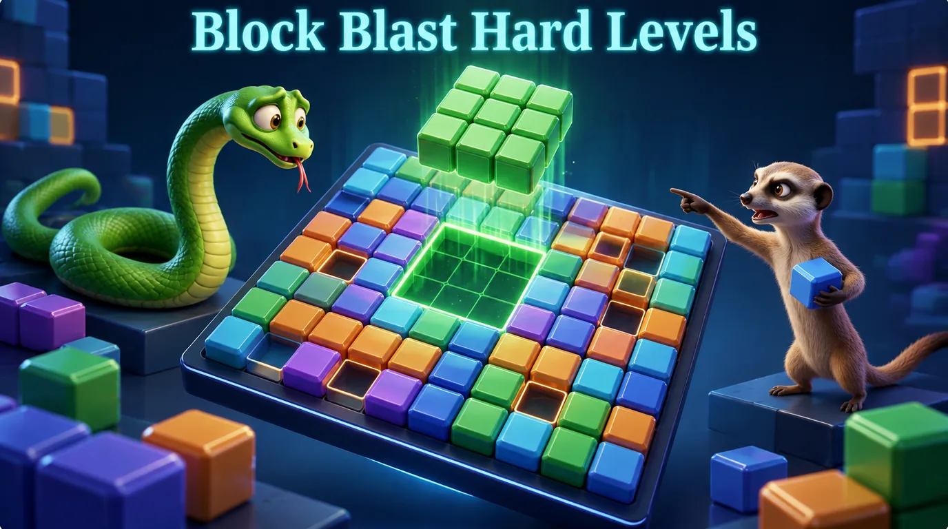 Block Blast hard levels: a crowded board with one open space left for a large piece