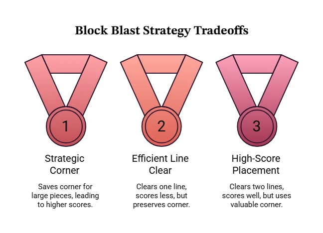 Diagram of three placement tradeoffs: strategic corner, efficient line clear, and high score placement